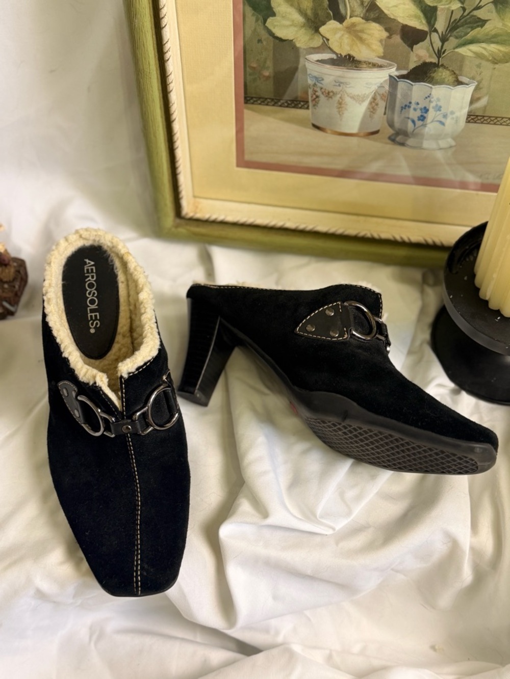 AEROSOLES Black Suede Shearling-Trim Horsebit Mules Clogs - Picture 5 of 8